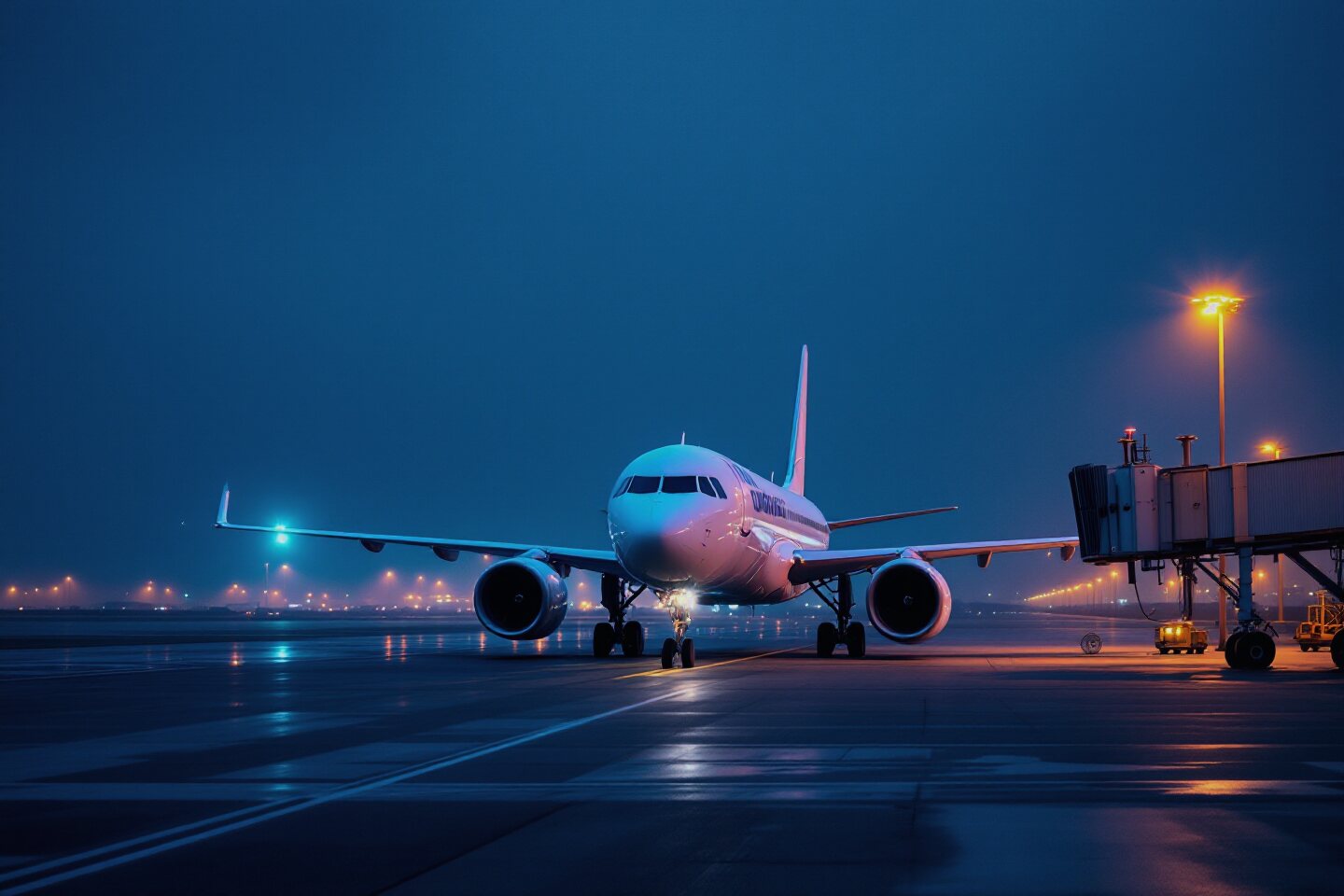 Airliner at the gate at dusk