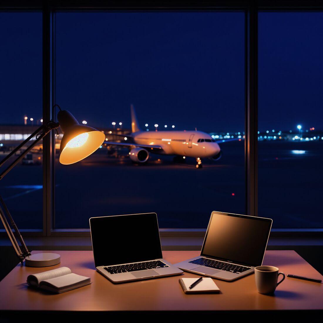A developer's desk by a window overlooking an airport apron at dusk