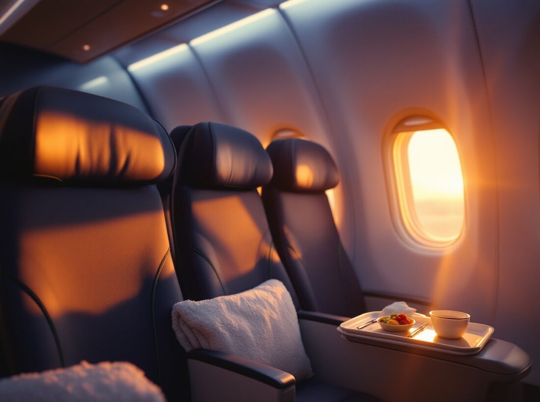 Airline cabin seats with a meal tray set on one table